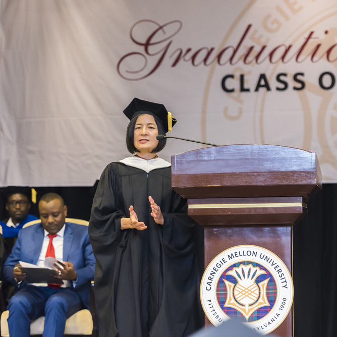 Reeta Roy delivering her keynote speech at the graduation ceremony