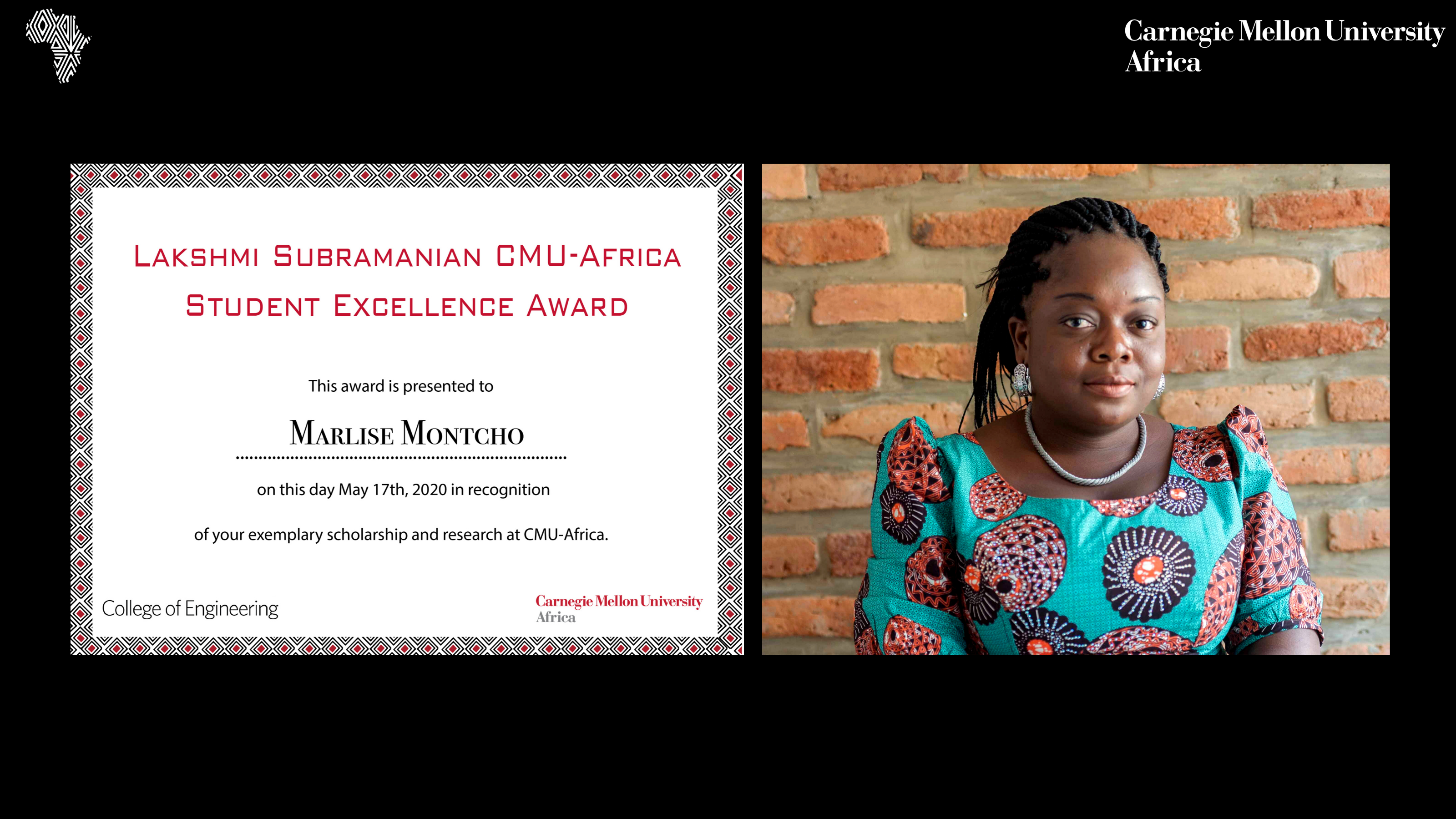 Marlise Montcho  (E’20) received the Lakshmi Subramanian CMU-Africa Student Excellence Award 