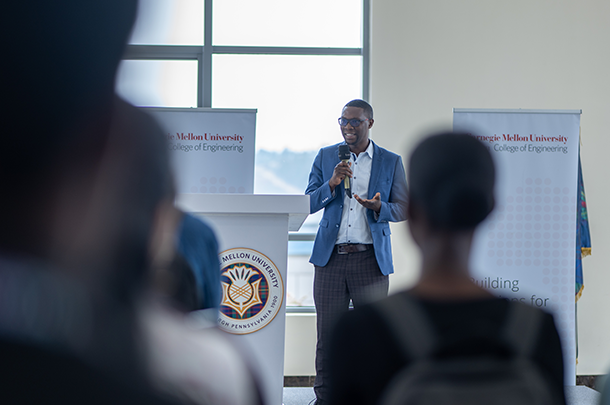 Sildio Mbonyumuhire addresses CMU-Africa students